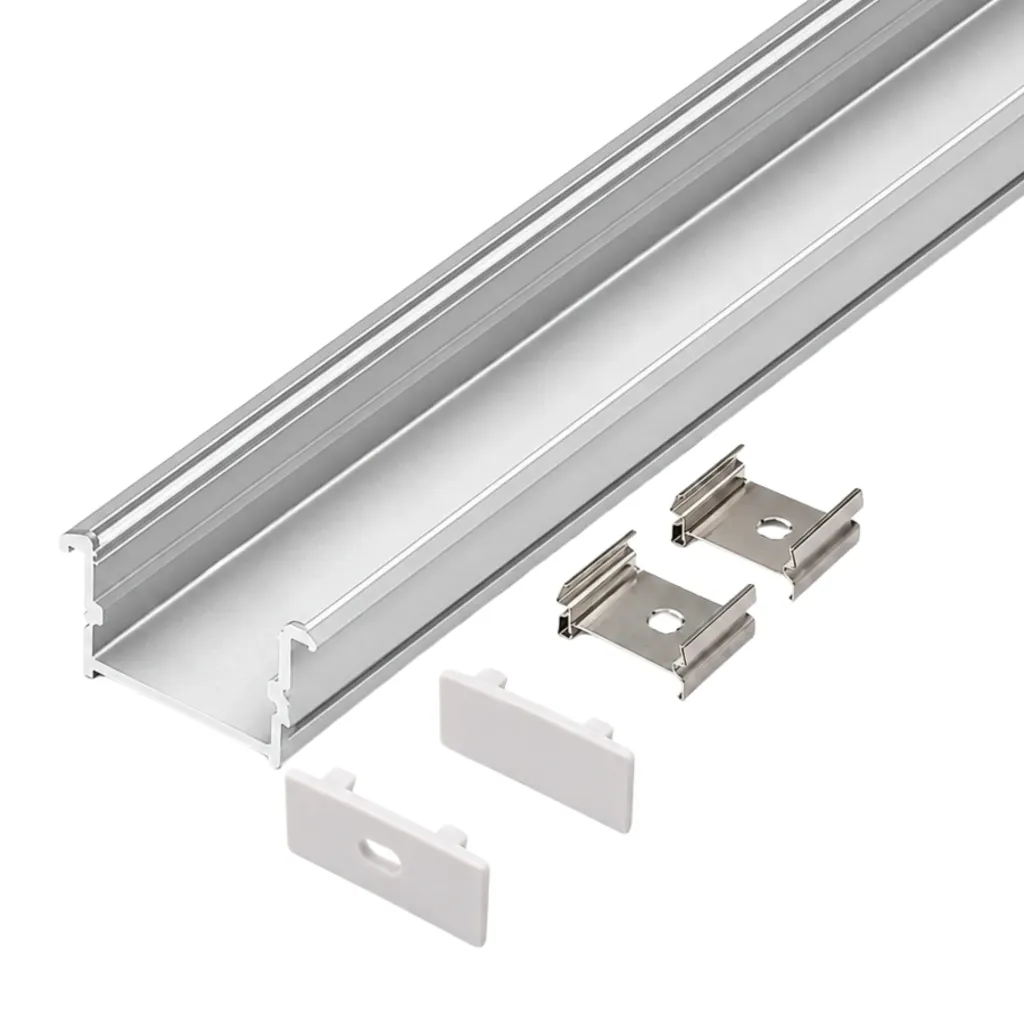 Kit Profilo Alluminio Completo Da 2 Metri Per Striscia Led, Larga Da Incasso, Dimensione 26.7X10mm, Larghezza Interna 17mm, 122g/m, Copertura Opale, Tappi Chiusura e Clip Fissaggio Incluso BAV3352