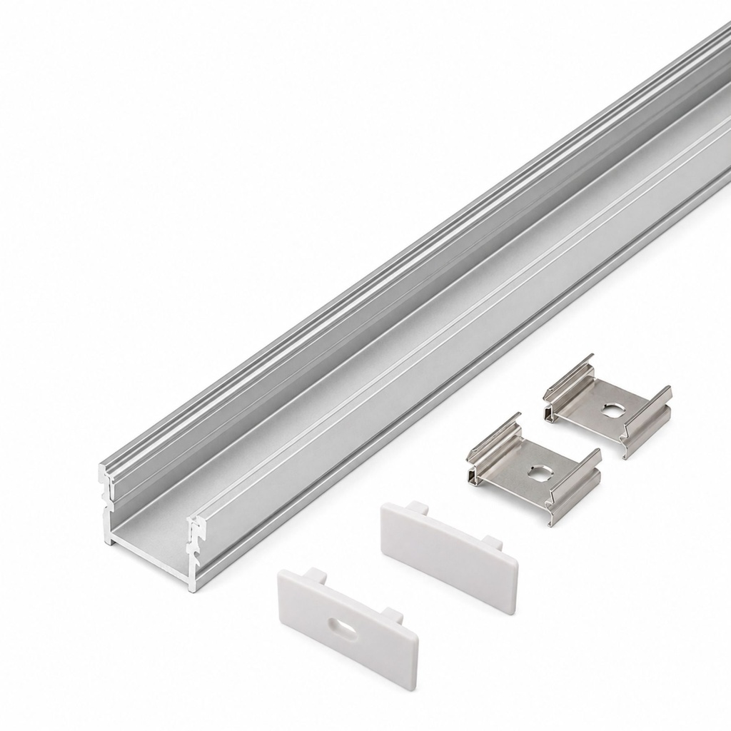 [SP2320] Kit Profilo Alluminio Completo Da 2 Metri Per Striscia Led, Larga, Dimensione 26.7X10mm, Larghezza Interna 17mm, 122g/m, Copertura Opale, Tappi Chiusura e Clip Fissaggio Incluso BAV3352