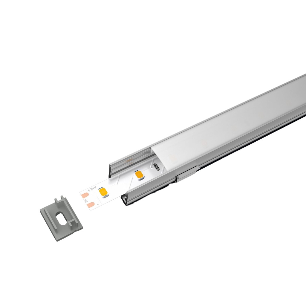 Kit Profilo Alluminio Completo Da 2 Metri Per Striscia Led, Larga e Alta, Dimensione 20X15mm, Larghezza Interna 17mm, 174g/m, Copertura Opale, Tappi Chiusura e Clip Fissaggio Incluso