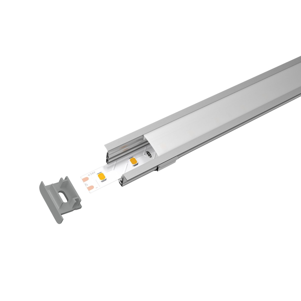 Kit Profilo Alluminio Completo Da 2 Metri Per Striscia Led, Larga e Alta da Incasso, Dimensione 27.2X15mm, Larghezza Interna 17mm, 193g/m, Copertura Opale, Tappi Chiusura e Clip Fissaggio Incluso