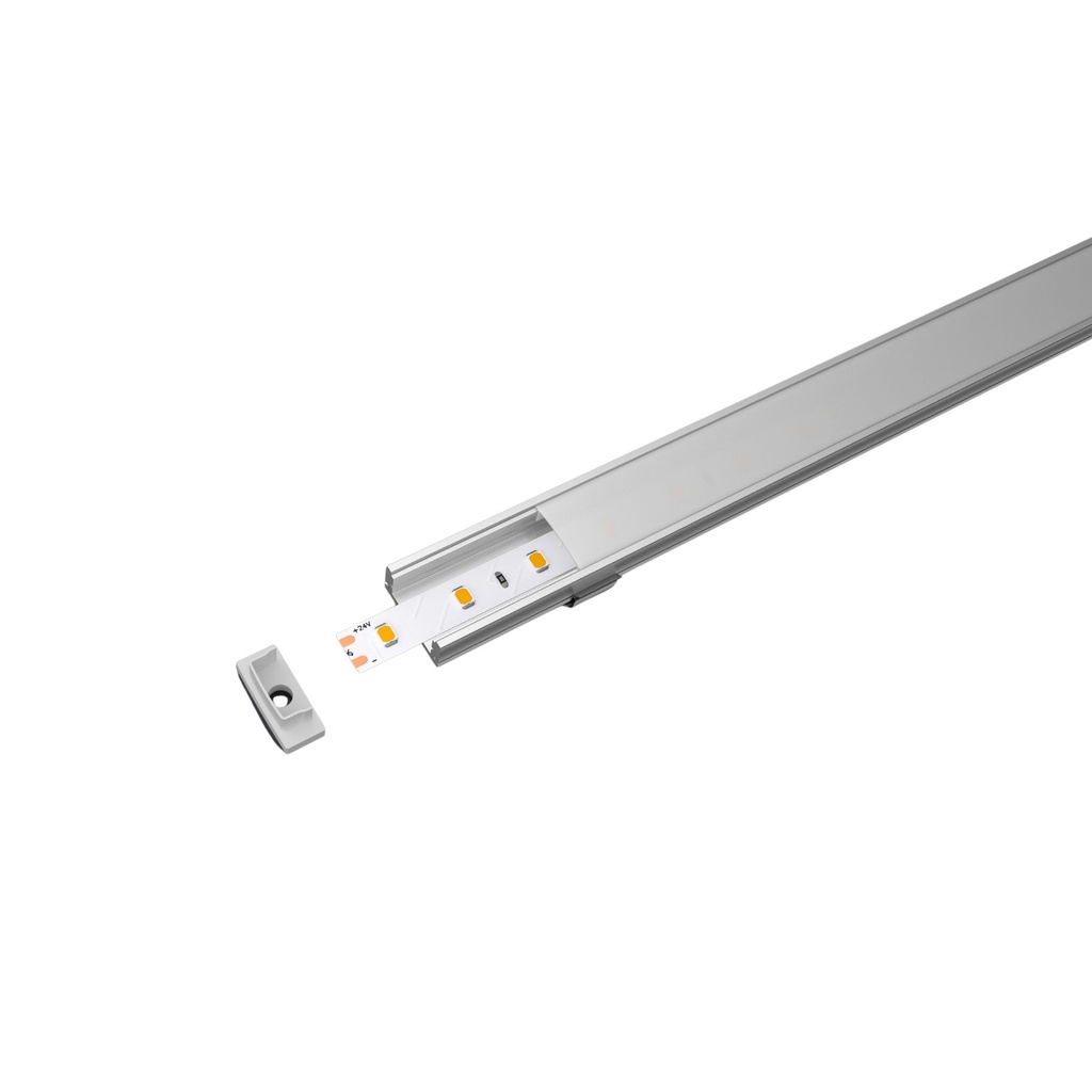 Kit Profilo Alluminio Completo Da 2 Metri Per Striscia Led, Standard, Dimensione 17.4X7mm, Larghezza Interna 12.4mm, 115g/m, Copertura Opale, Tappi Chiusura e Clip Fissaggio Incluso,BAV10321,BAV3355,BA1707,BAV3370