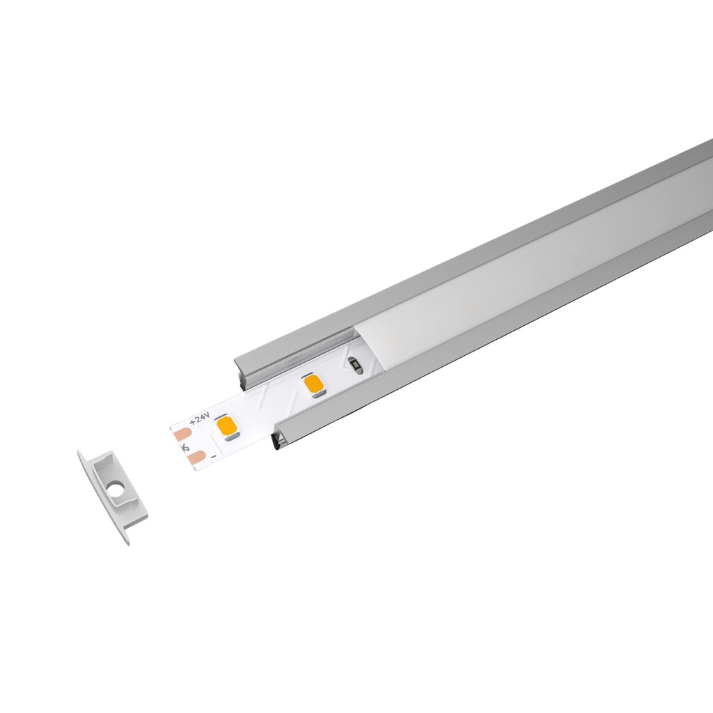 Kit Profilo Alluminio Completo Da 2 Metri Per Striscia Led, Da Incasso, Dimensione 24.7X7mm, Larghezza Interna 12.4mm, 133g/m, 2 Metri Copertura Opale, Tappi Chiusura e Clip Fissaggio Incluso, BAV10320,BAV3350,BA2507