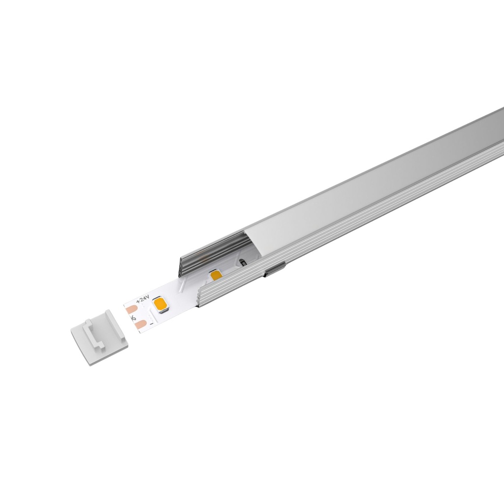 Kit Profilo Alluminio Completo Da 2 Metri Per Striscia Led, Standard Alta, Dimensione 14.2X14.3mm, Larghezza Interna 10mm, 103g/m, Copertura Opale, Tappi Chiusura e Clip Fissaggio Incluso