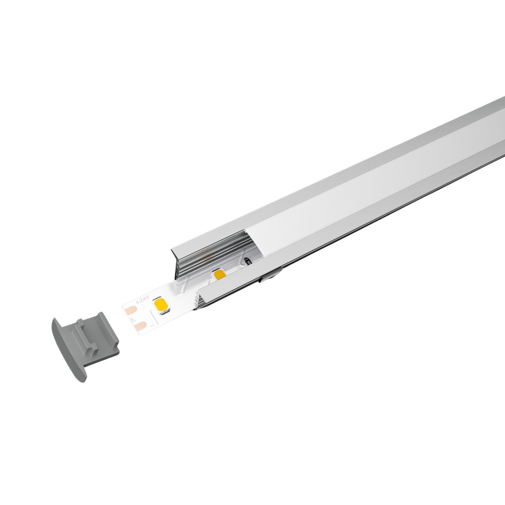 Kit Profilo Alluminio Completo Da 2 Metri Per Striscia Led, Alta da Incasso, Dimensione 22X14.27mm, Larghezza Interna 10mm, 114g/m, Copertura Opale, Tappi Chiusura e Clip Fissaggio Incluso, BA1715