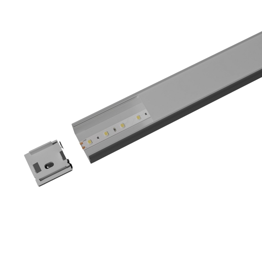 Kit Profilo Alluminio Completo Da 2 Metri Per Striscia Led, Larga Alta, Dimensione 20X20mm, Larghezza Interna 16mm, 211g/m, Copertura Opale, Tappi Chiusura e Clip Fissaggio Incluso