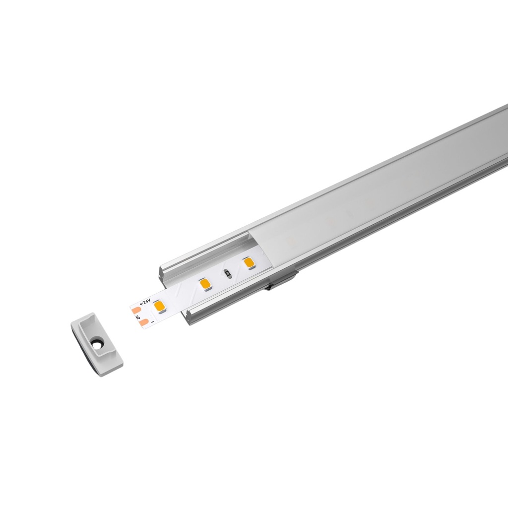 Kit Profilo Alluminio Completo Da 2 Metri Per Striscia Led, Super Larga e Alta Da Incasso, Dimensione 43X20mm, Larghezza Interna 25mm, 275g/m, Copertura Opale, Tappi Chiusura e Clip Fissaggio Incluso,BAV3372