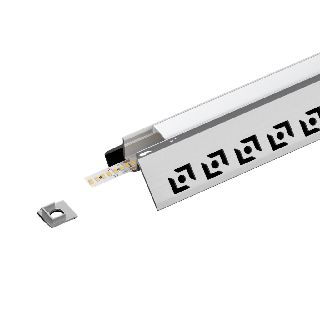 Kit Profilo Alluminio Completo Da 2 Metri Per Striscia Led, Angolare Esterno Da Incasso Con Alette Scomparsa, Dimensione 47.3X22.6mm, Larghezza Interna 10mm, 242g/m, Copertura Opale, Tappi Chiusura e Clip Fissaggio Incluso,BAV3361