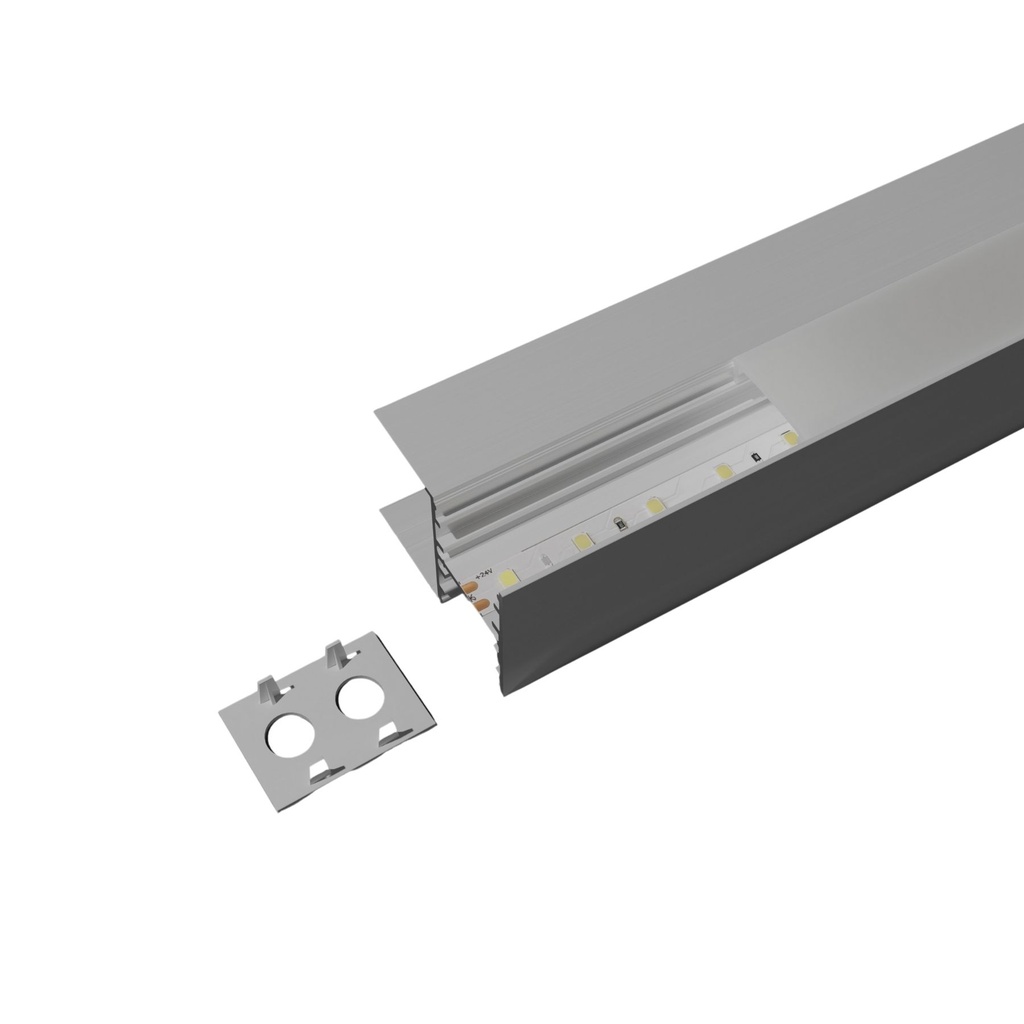 Kit Profilo Alluminio Completo Da 2 Metri Per Striscia Led, Doppio Esposizione Per Mensola, Dimensione 28.7X20.2mm, Larghezza Interna 10mm, 202g/m, Copertura Opale, Tappi Chiusura e Clip Fissaggio Incluso