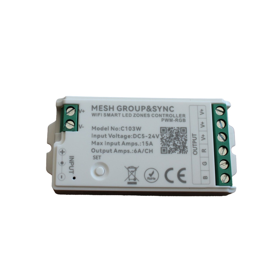 [CLC103W] Centralina Controller per Striscia Led RGB WIFI 2.4G, RF 2.4G TUYA, Smart Life Max 15A Tot. (6A/CH) DC5-24V 360W 3 Canali RGB CLC103R Bianco