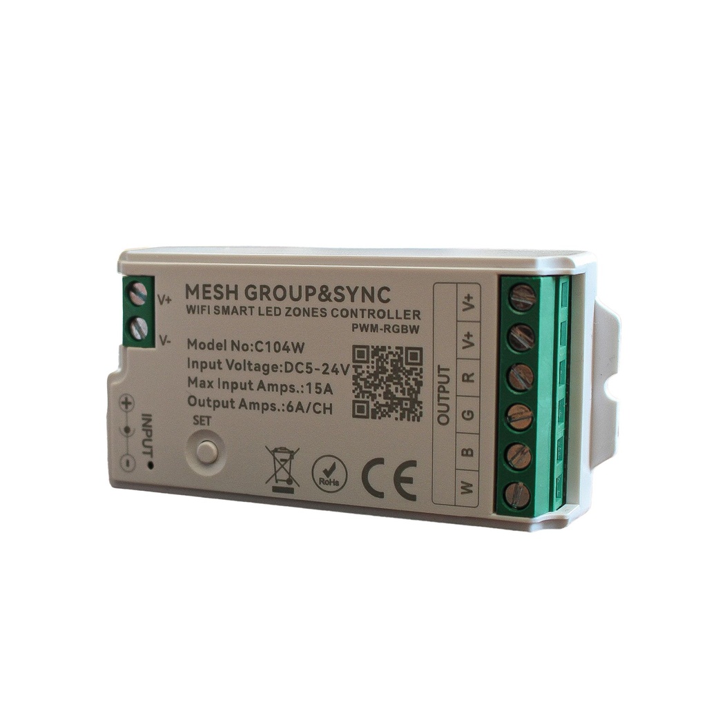 [CLC104W] Centralina Controller per Striscia Led RGBW WIFI 2.4G, RF 2.4G TUYA, Smart Life Max 15A Tot. (6A/CH) DC5-24V 360W 4 Canali RGBW CLC104R Bianco
