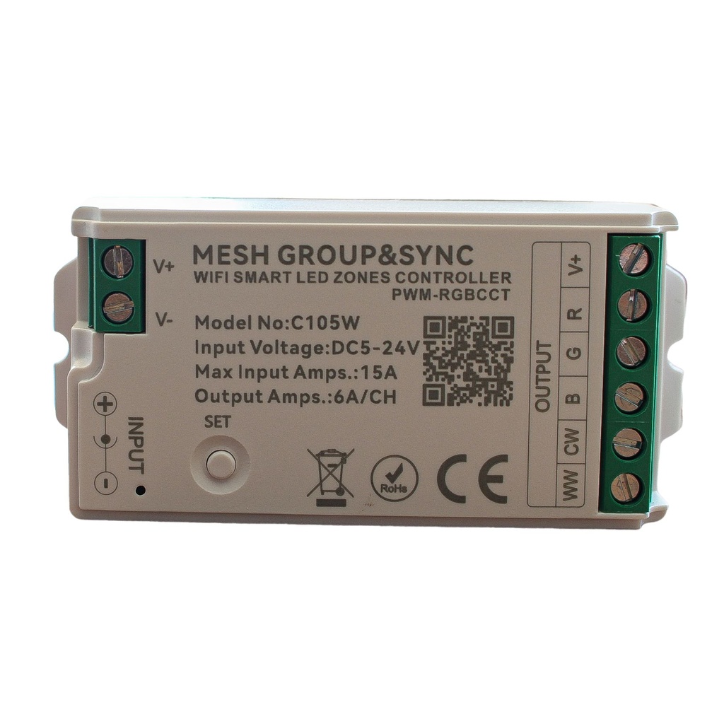 Centralina Controller Per Striscia Led RGBCCT WIFI 2.4G, RF 2.4G TUYA, Smart Life Max 15A Tot. (6A/CH) DC5-24V 360W 5 Canali RGBCCT CLC105R Bianco