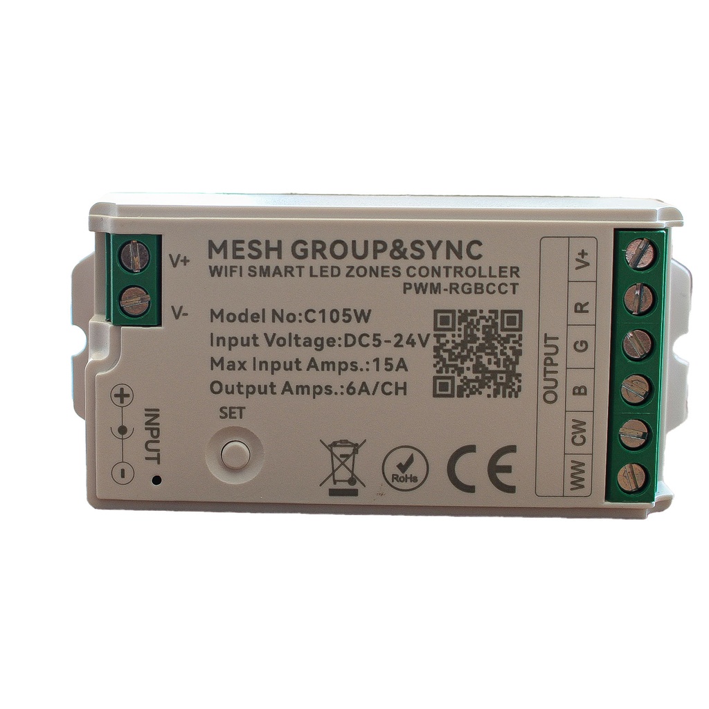 Centralina Controller Per Striscia Led RGBCCT WIFI 2.4G, RF 2.4G TUYA, Smart Life Max 15A Tot. (6A/CH) DC5-24V 360W 5 Canali RGBCCT CLC105R Bianco