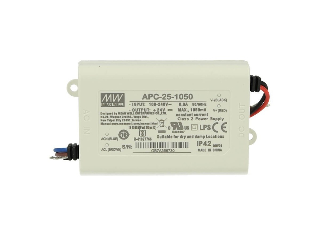 Led Driver CC MeanWell APC-25-1050 Trasformatore 1050mA 9V-24V DC 25W Corrente Costante IP42