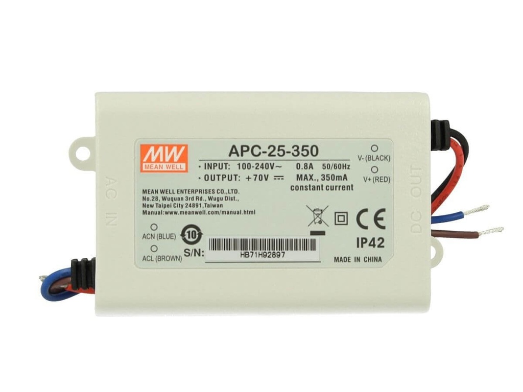 Led Driver CC MW MEAN WELL APC-25-350 Trasformatore 350mA 25V-70V DC 25W Corrente Costante IP42