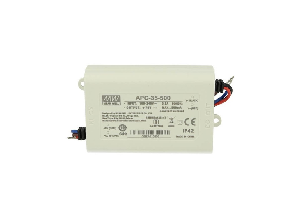 Led Driver CC MeanWell APC-35-500 Trasformatore 500mA 25V-70V DC 35W Corrente Costante IP42