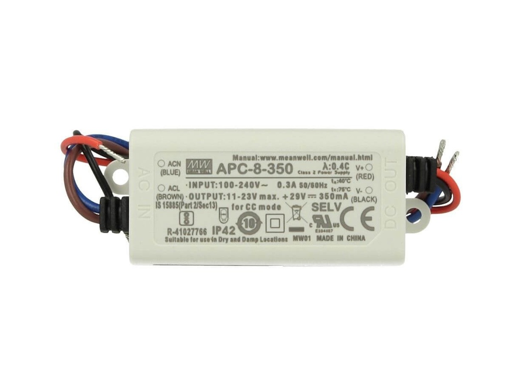 Led Driver CC MeanWell APC-8-350 Trasformatore 350mA 11V-23V DC 8W Corrente Costante IP42