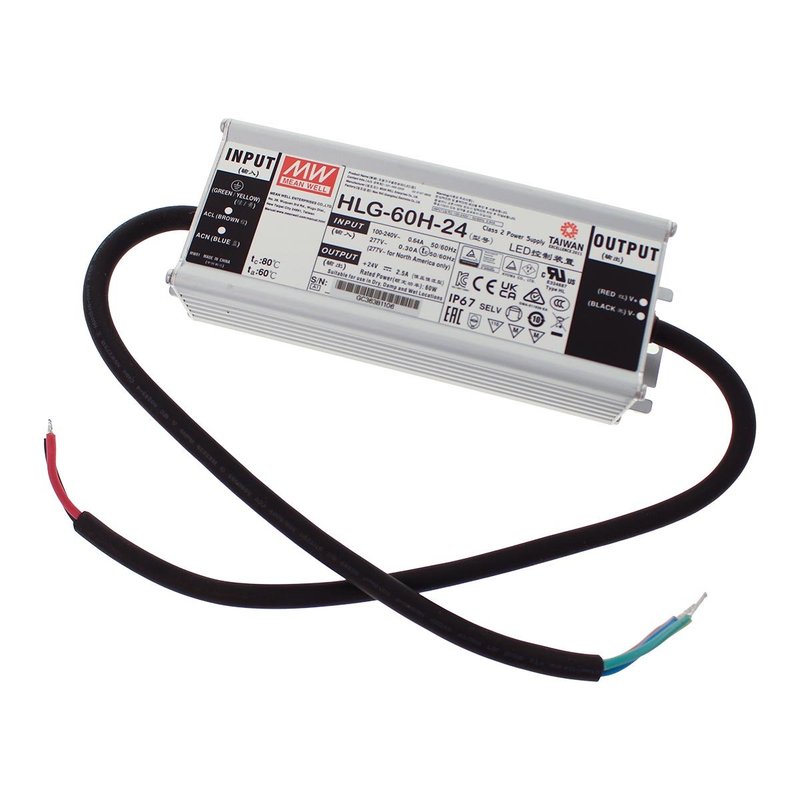 MW MEAN WELL HLG-60H-24 Alimentatore Led Driver CV CC IP67 60W 24V 2,5A Input 220V e 110V