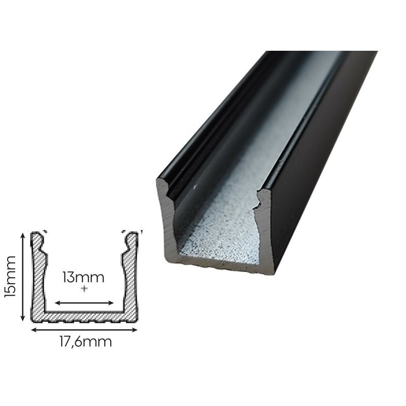 2 Metri Profilo Alluminio Anodizzato Alto 17,6x15mm Nero Interno 13mm