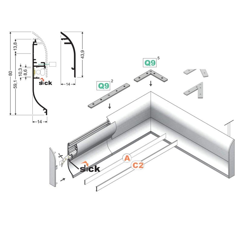 3 Metri Profilo Barra Alluminio Battiscopa 80x14mm Bianco con Base Montaggio e Profilo a Vista
