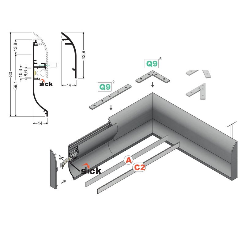 3 Metri Profilo Barra Alluminio Battiscopa 80x14mm Silver con Base Montaggio e Profilo a Vista