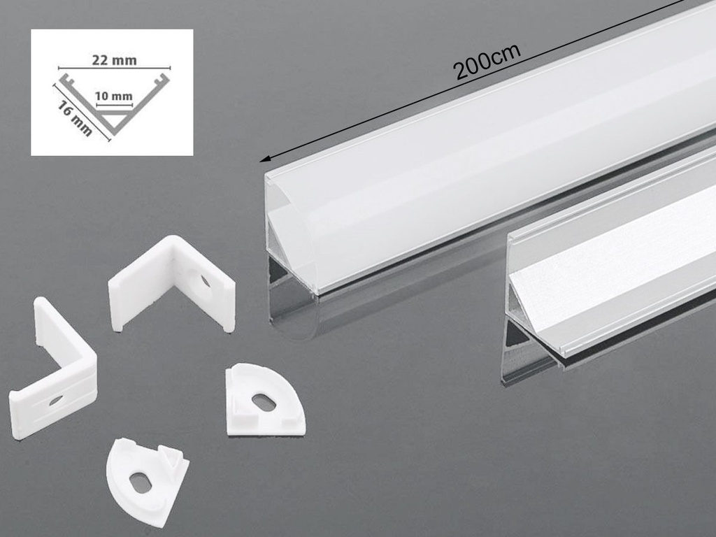 Profilo Alluminio Angolare Leggera Slim Colore Bianco 15,8X15,8mm Completo Di Copertura Satinata Tappi Gancio 2 Metri SKU-3369