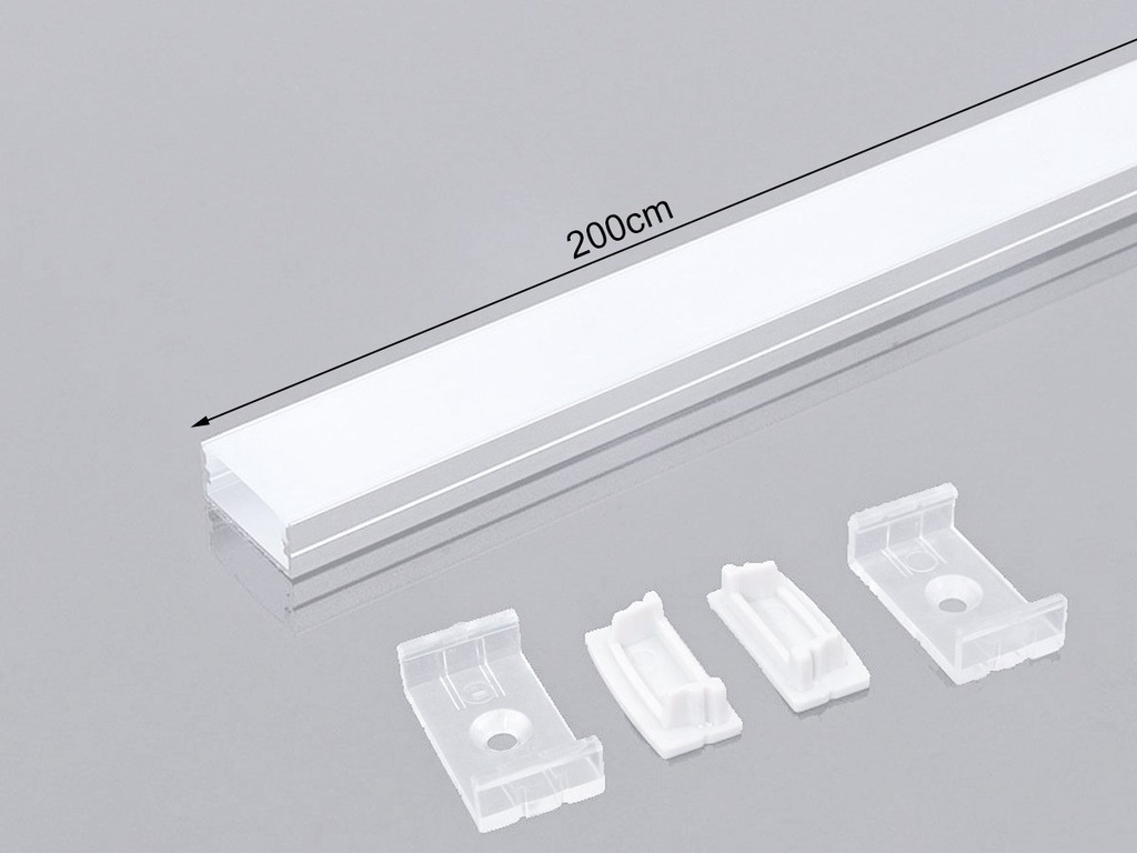 Profilo Alluminio Larga Colore Bianco 23,5X10mm Per Strip Led 20mm Completo Di Copertura Satinata Tappi Gancio 2 Metri SKU-3367