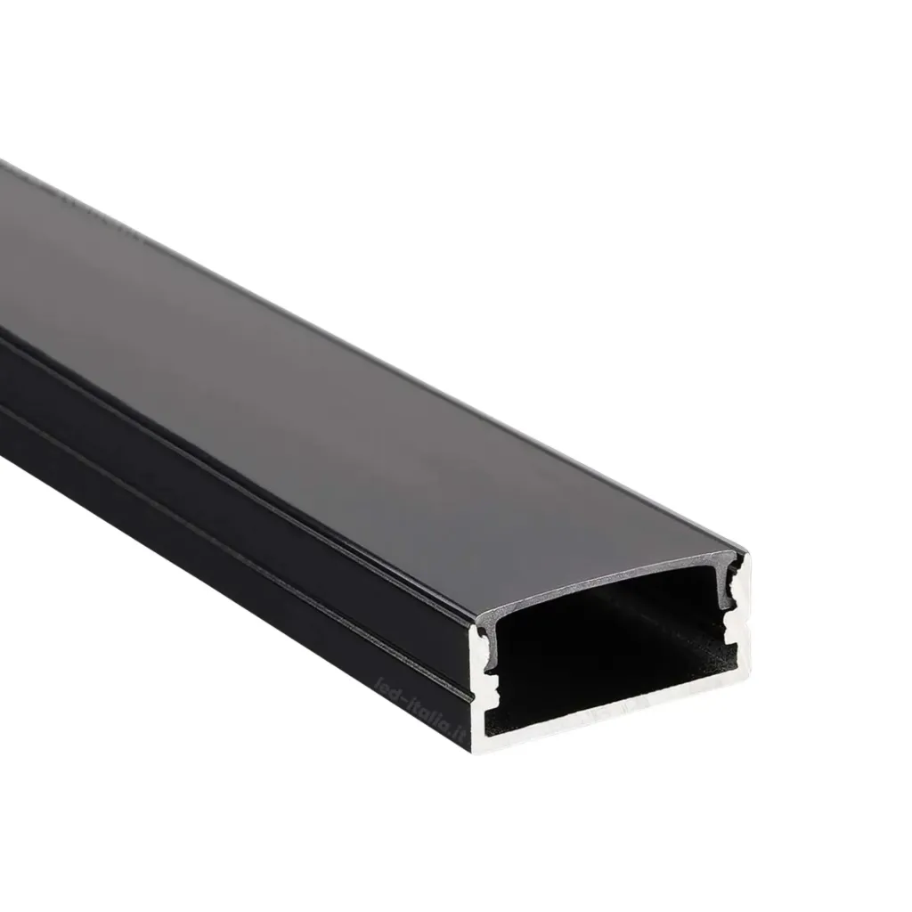 Profilo Alluminio Larga Colore Nero 23,5X10mm Per Strip Led 20mm Completo Di Copertura Nera Fume Tappi Gancio 2 Metri SKU-2876