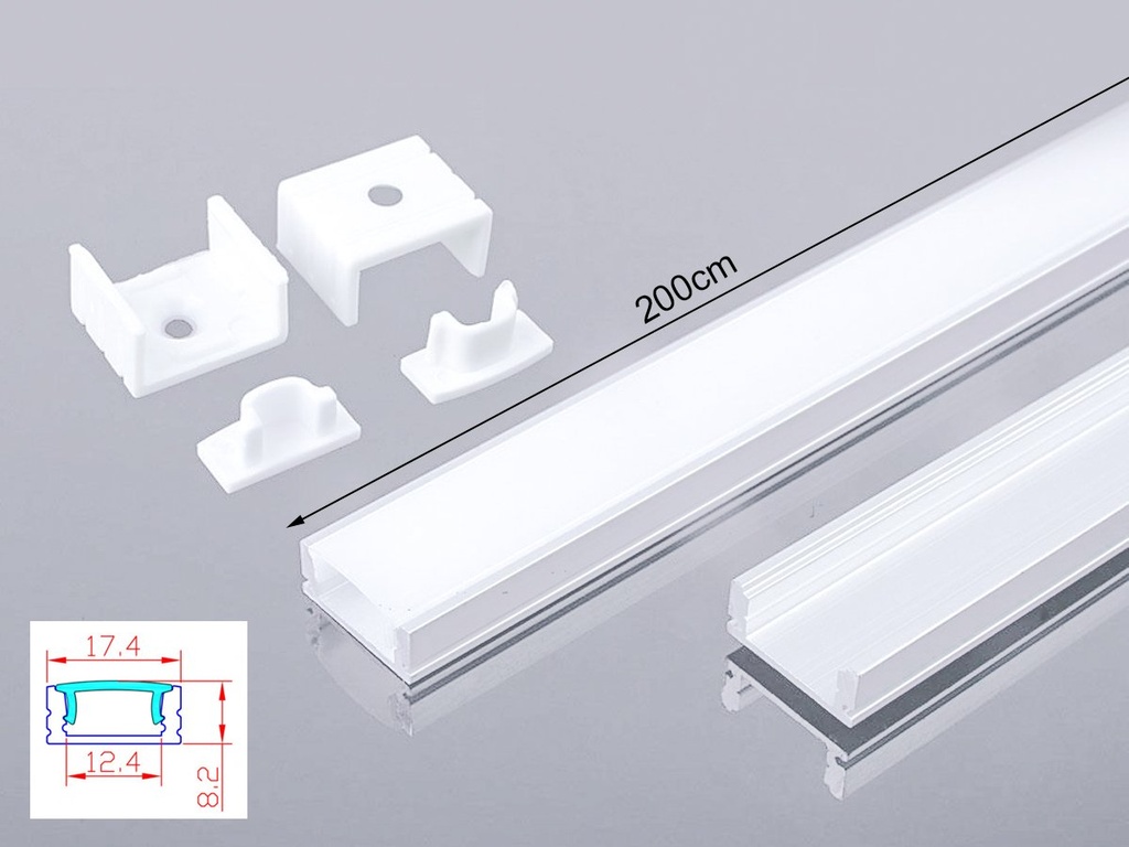 Profilo Alluminio Standard Colore Bianco 17,4X7mm Completo Di Copertura Satinata Tappi Gancio 2 Metri SKU-3365