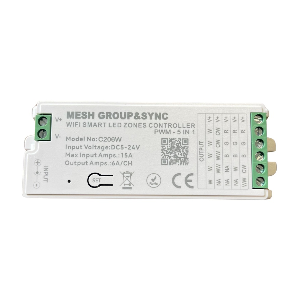 Centralina Controller 5 In 1 WIFI, RF 2.4G TUYA, Smart Life, Max 15A Tot. (6A/CH) DC5-24V 360W, per Striscia Led Mono Colore, CCT, RGB, RGBW, RGBCCT