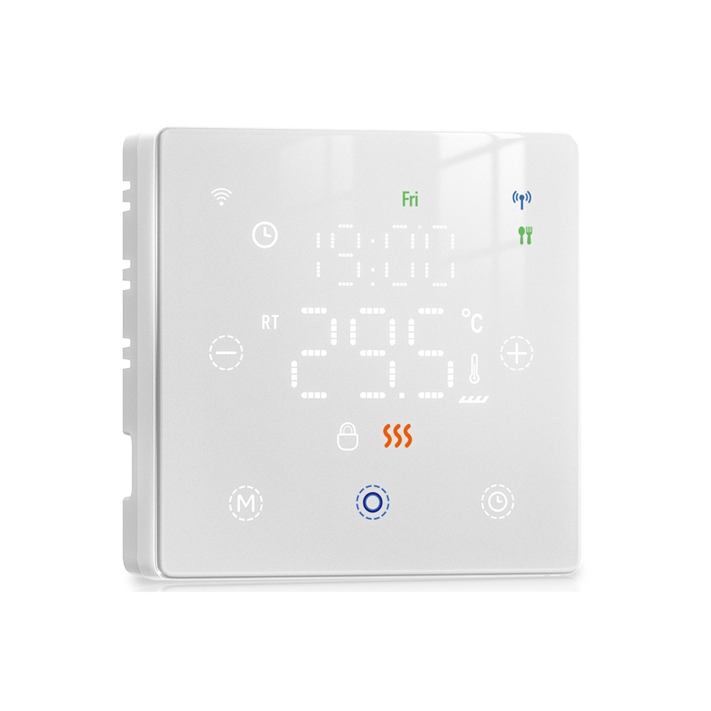 Termostato WIFI Con Batteria Bianco, Per Caldaia a Gas Boiler, APP TUYA Smart Life, Quadrata Montaggio da Esterno Oppure Incasso Scatola 502