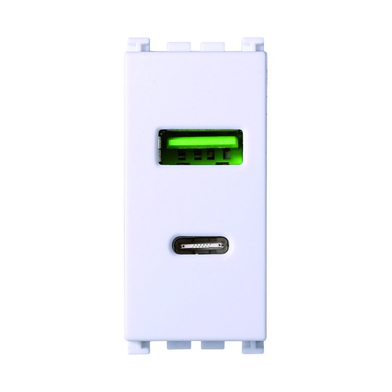 ETTROIT Modulo Presa Caricatore USB 2 Porte 3,1A USB-A + USB Type C Colore Bianco Compatibile Con Vimar Arkè