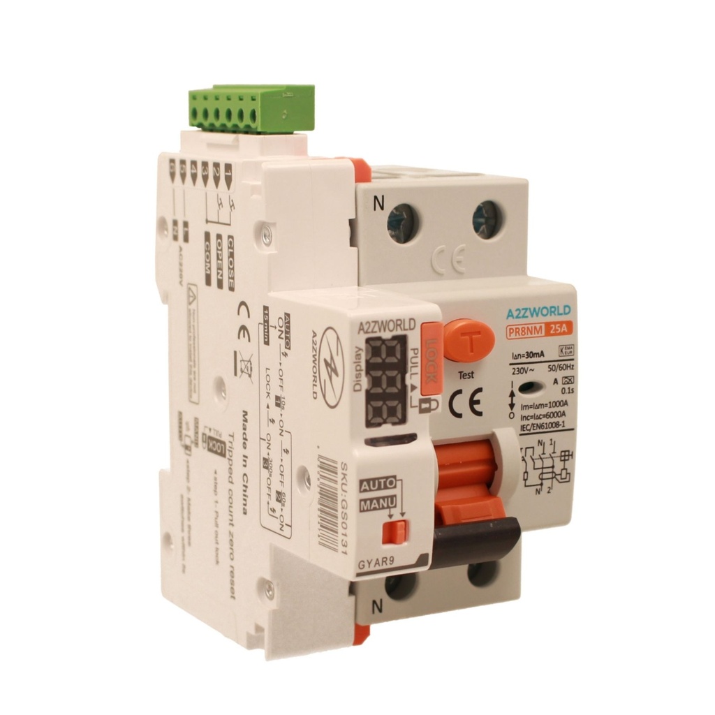 RCCB Interruttore Differenziale Puro Riarmo Automatico, Tipo A 1P+N 3M 6000A 30mA 25A AC 230V IP20 IEC61008-1 PR8NM