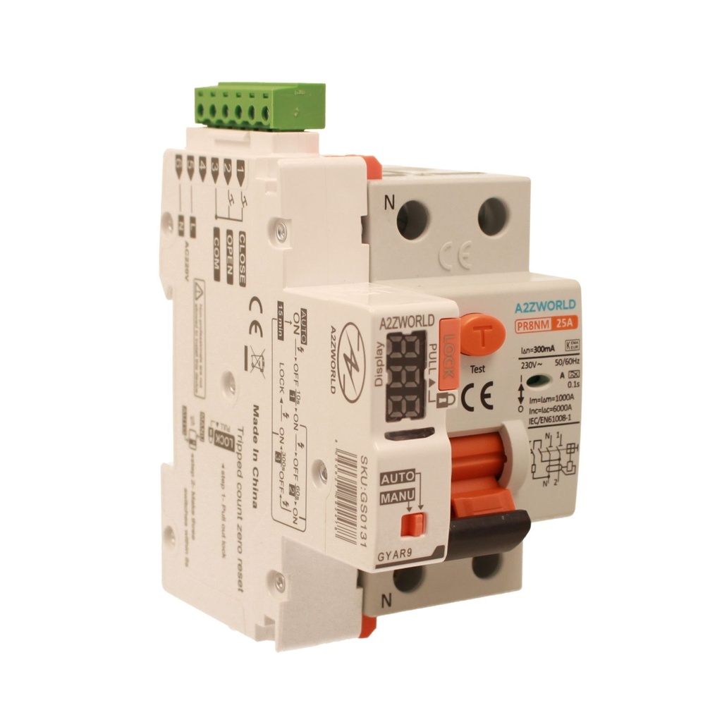 [GC15625RA] A2ZWORLD RCCB Interruttore Differenziale Puro Riarmo Automatico, Tipo A 1P+N 3M 6000A 300mA AC 230V IP20 IEC61008-1 PR8NM, Corrente Disponibili 25A 40A 63A  (25A)