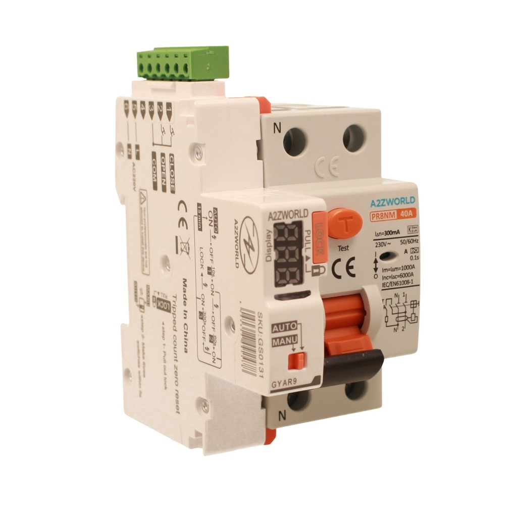 RCCB Interruttore Differenziale Puro Riarmo Automatico, Tipo A 1P+N 3M 6000A 300mA 40A AC 230V IP20 IEC61008-1 PR8NM