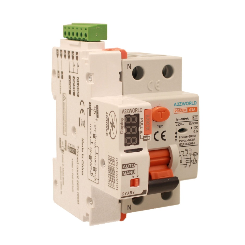 RCCB Interruttore Differenziale Puro Riarmo Automatico, Tipo A 1P+N 3M 6000A 300mA 63A AC 230V IP20 IEC61008-1 PR8NM