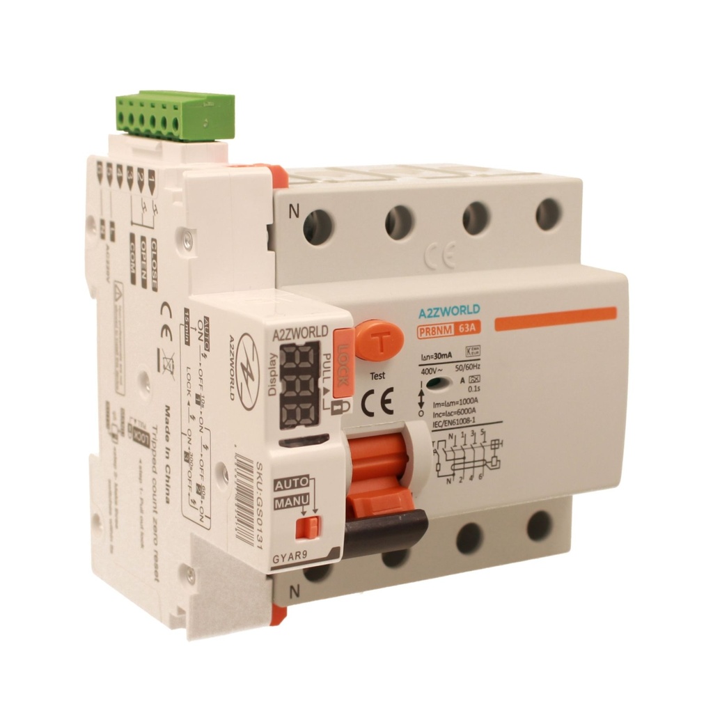 RCCB Interruttore Differenziale Puro Riarmo Automatico, Tipo A 3P+N 5M 6000A 30mA 63A AC 400V IP20 IEC61008-1 PR8NM