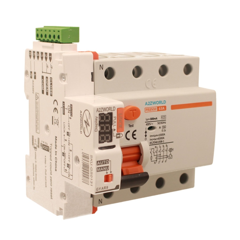 RCCB Interruttore Differenziale Puro Riarmo Automatico, Tipo A 3P+N 5M 6000A 300mA 63A AC 400V IP20 IEC61008-1 PR8NM
