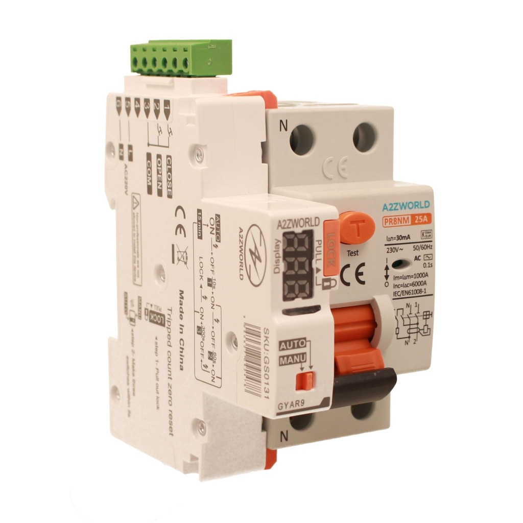 RCCB Interruttore Differenziale Puro Riarmo Automatico, Tipo AC 1P+N 3M 6000A 30mA 25A AC 230V IP20 IEC61008-1 PR8NM