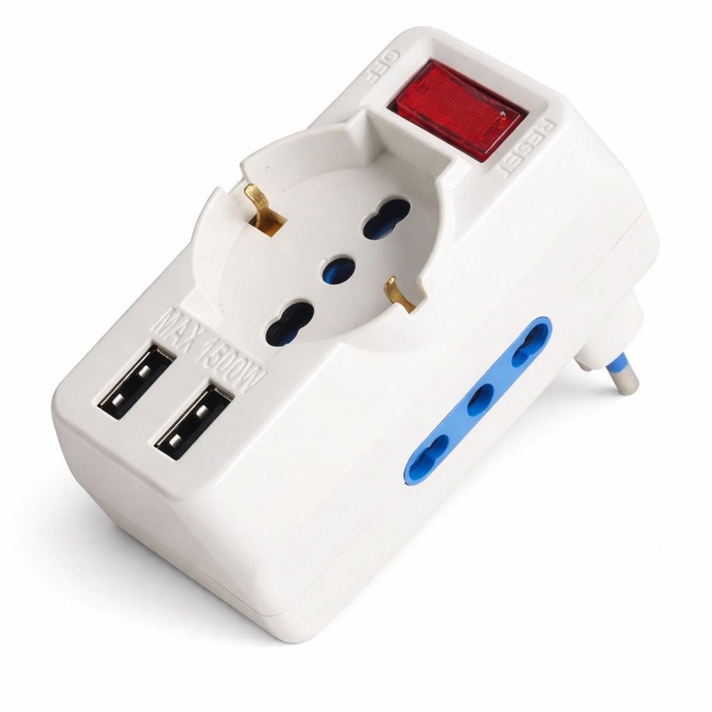 Multipresa Adattatore con Interruttore Spina 10A, 2 Prese Bipasso 10A/16A, 1 Presa Schuko Universale, 2 USB A 5V/3A 250V Max 1500W