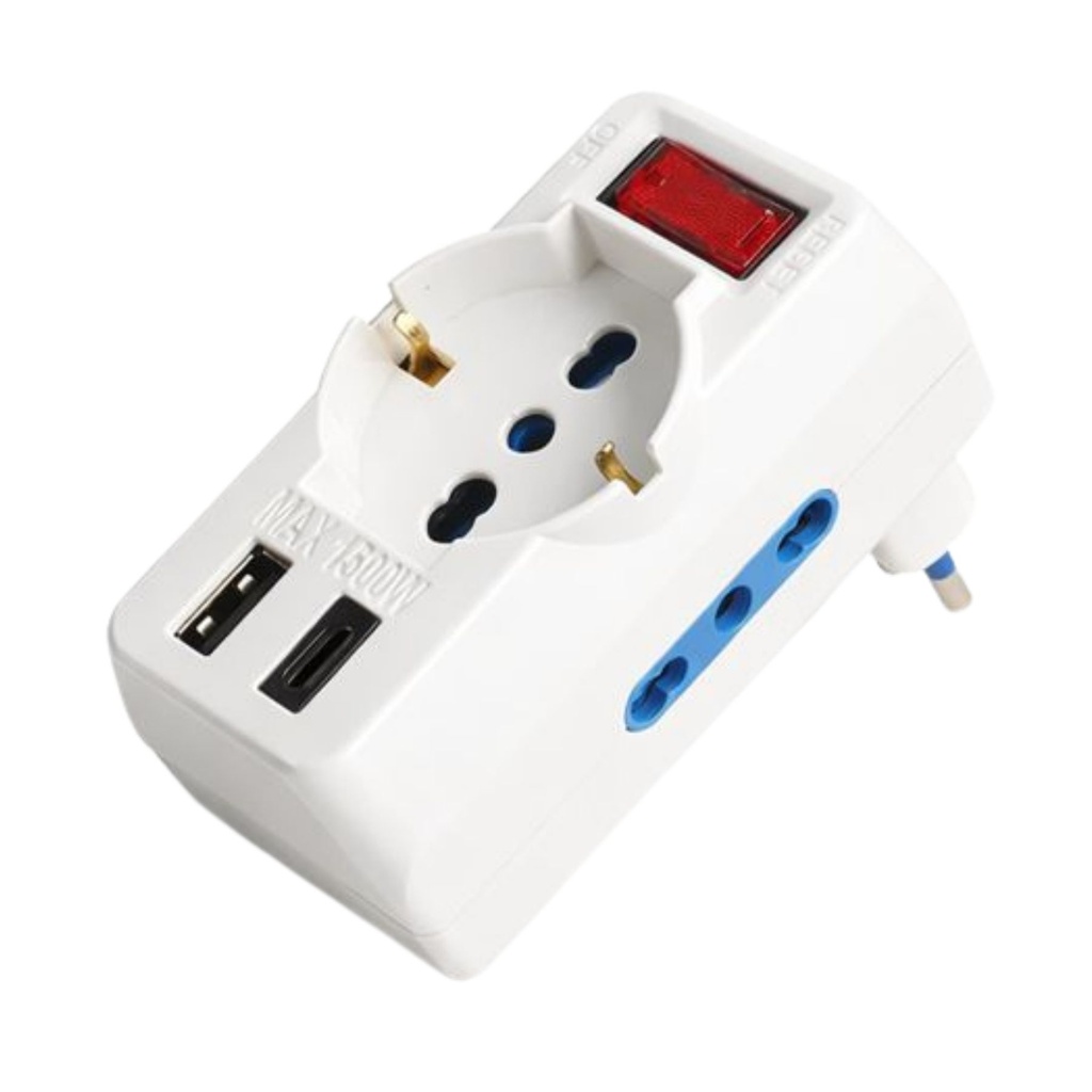 Multipresa Adattatore con Interruttore Spina 10A, 2 Prese Bipasso 10A/16A, 1 Presa Schuko Universale, USB A 3A + USB-C 3A, 250V Max 1500W