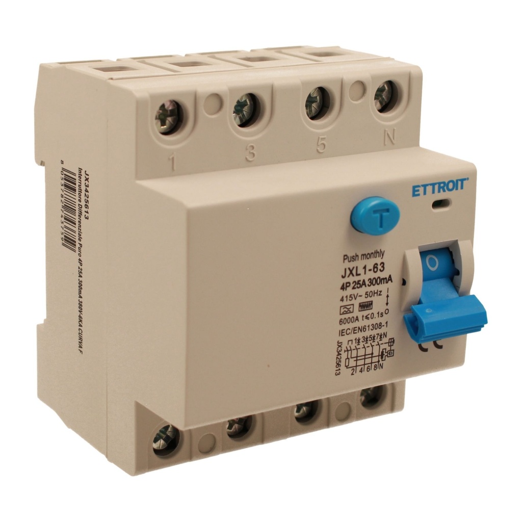 [JX3425613] RCCB Interruttore Differenziale Puro Tipo F 3P+N 4M 6000A 300mA 25A AC 400V IP20 IEC61008-1