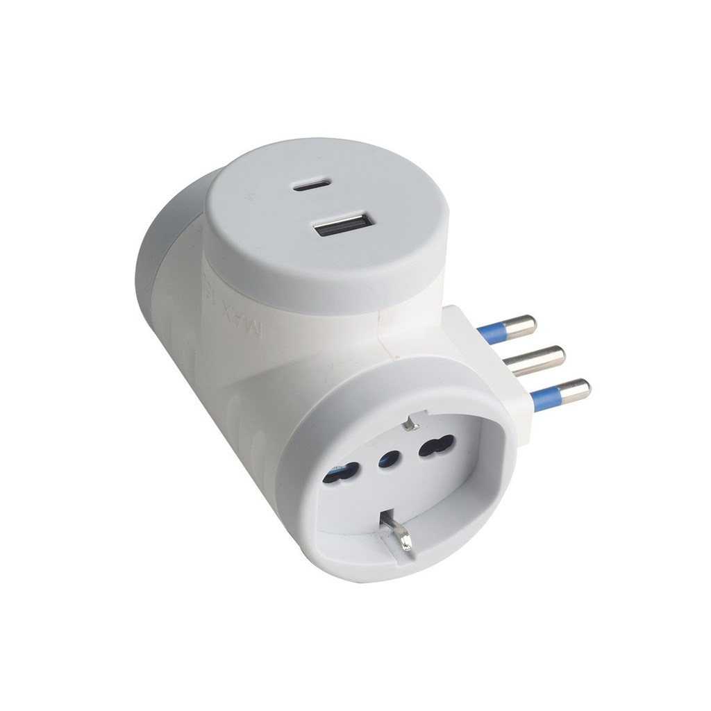 Multipresa Adattatore con Spina 16A, 2 Prese Schuko Universale 10A/16A, 1 USB 2.4A + 1 USB C 3A 5V, Carica Rapida Salvaspazio