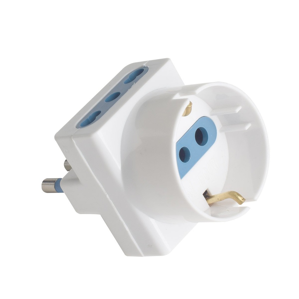 Adattatore Tripla Spina Elettrica 2P+T 16A con 2 Presa Bipasso 10A/16A 2P+T e 1 Presa Ita 10A / Schuko 16A 250V Max 1500W Bianco (AP1106)