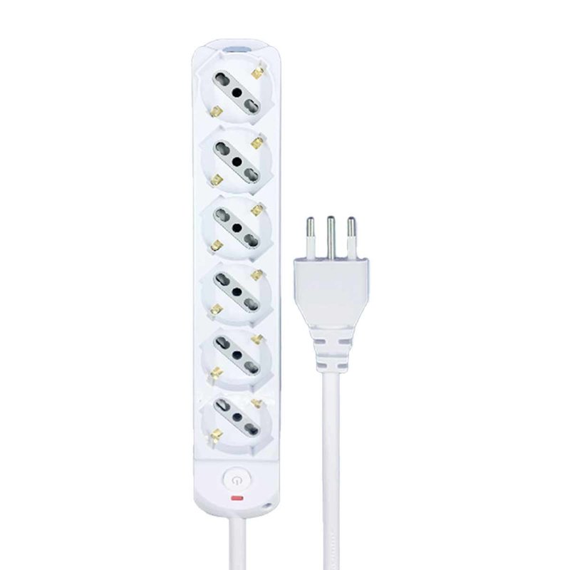 Multipresa Ciabatta Elettrica a 6 Posti 6 Prese Bipasso Schuko 10A/16A con Interruttore e Spina 10A Cavo 1.5 metri Bianco