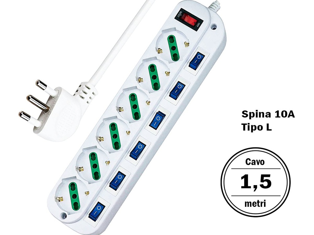 Multipresa Ciabatta Elettrica Con 6 Posti Prese Schuko 10/16A + 7 Interruttori Spina 10A Piccola Tipo L Cavo Da 1,5 Metri