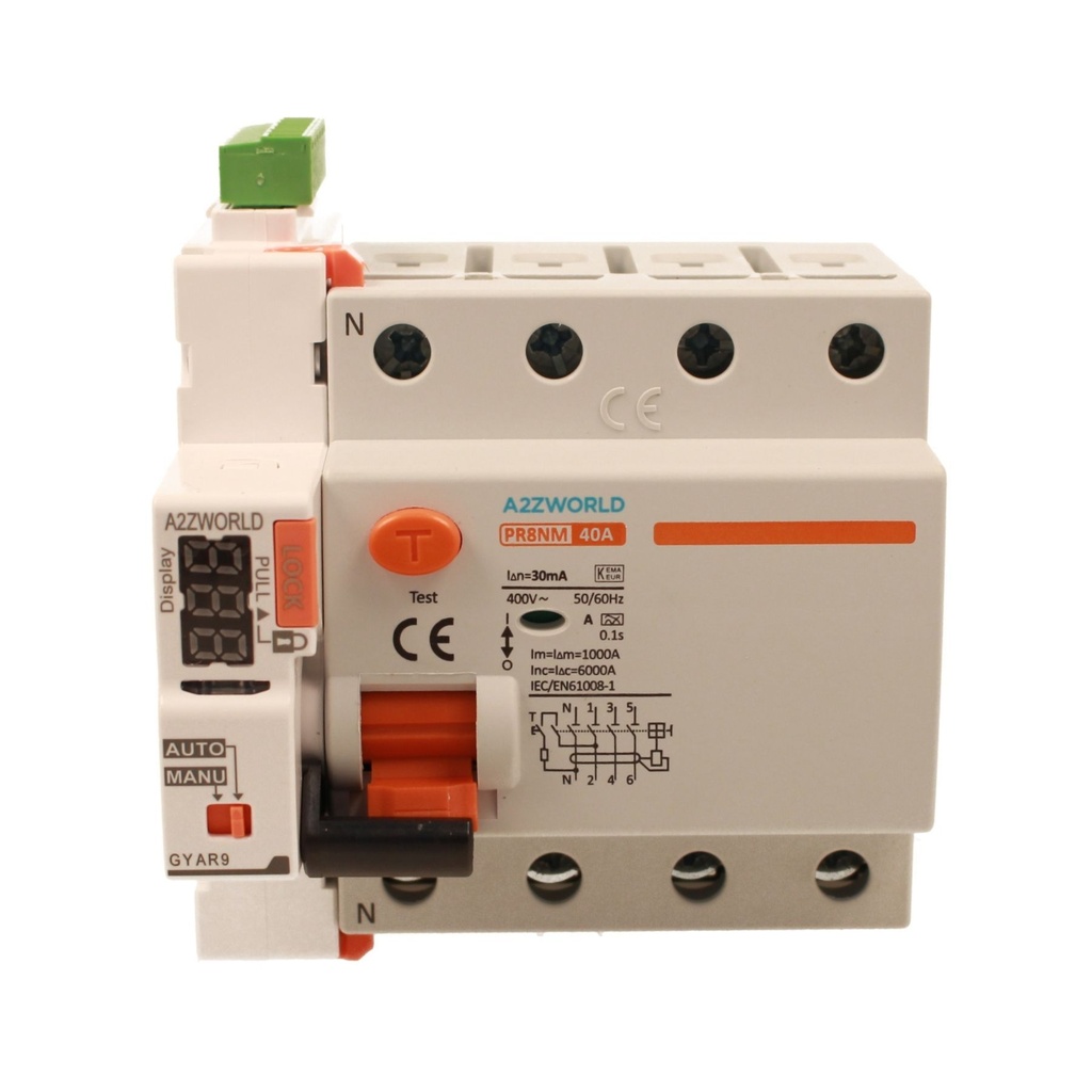 RCCB Interruttore Differenziale Puro Riarmo Automatico, Tipo A 3P+N 5M 6000A 30mA 40A AC 400V IP20 IEC61008-1 PR8NM