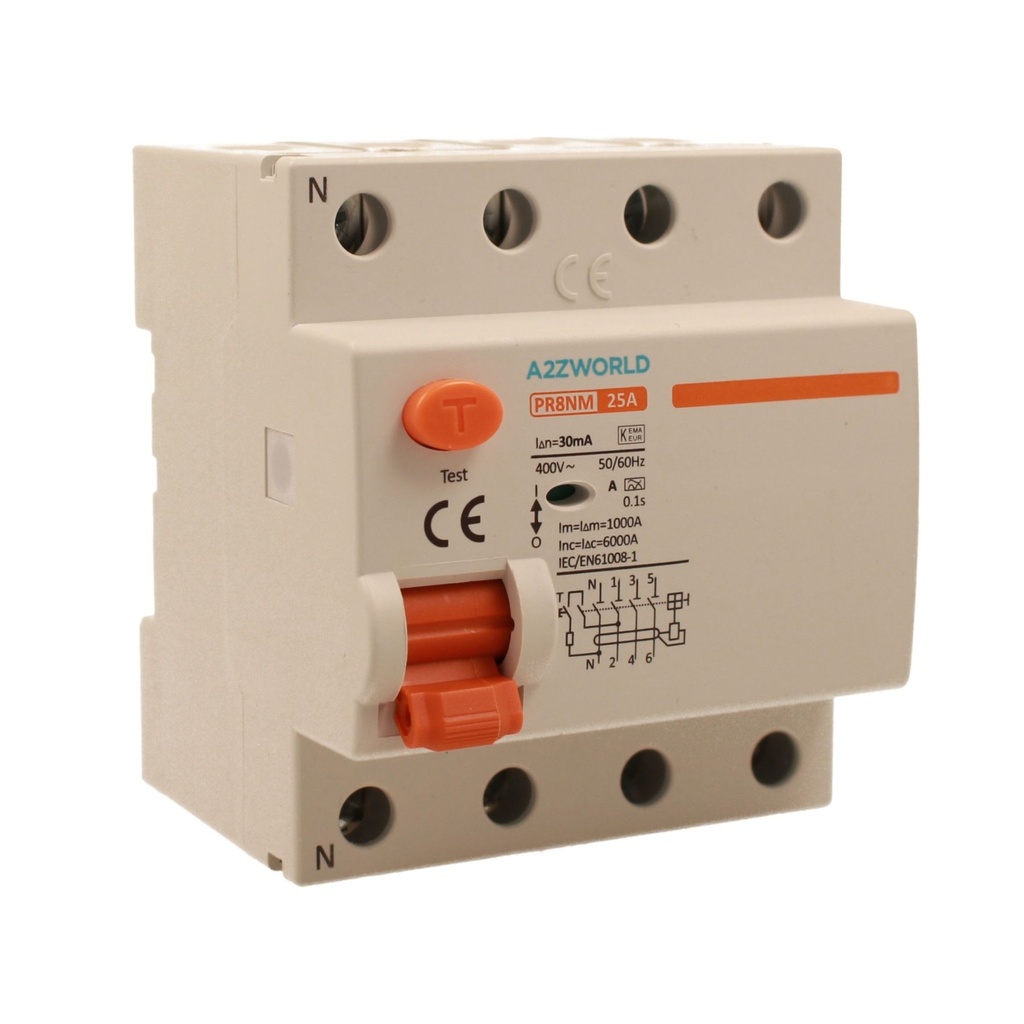 A2ZWORLD RCCB Interruttore Differenziale Puro Tipo A 3P+N 4M 6000A 30mA AC 400V IP20 IEC61008-1 PR8NM, Corrente Disponibili 25A 40A 63A 