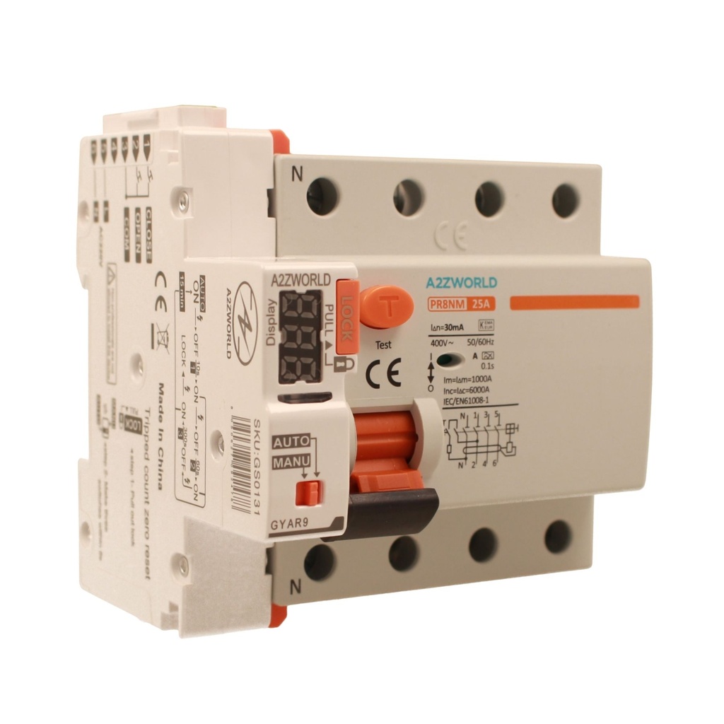 [GC16325RA] A2ZWORLD RCCB Interruttore Differenziale Puro Riarmo Automatico, Tipo A 3P+N 5M 6000A 30mA AC 400V IP20 IEC61008-1 PR8NM, Corrente Disponibili 25A 40A 63A  (25A)