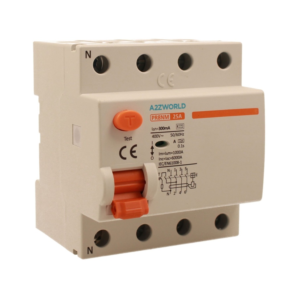 A2ZWORLD RCCB Interruttore Differenziale Puro Tipo A 3P+N 4M 6000A 300mA AC 400V IP20 IEC61008-1 PR8NM, Corrente Disponibili 25A 40A 63A 