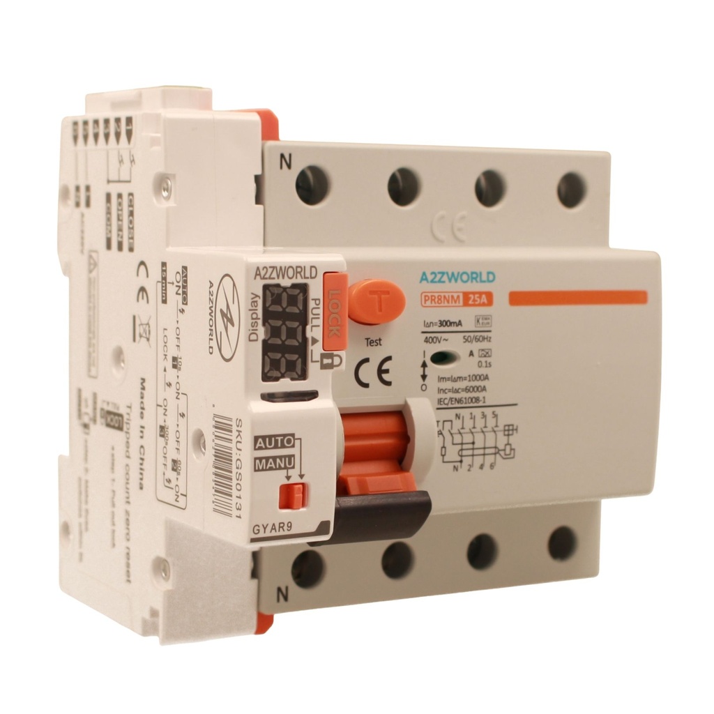 A2ZWORLD RCCB Interruttore Differenziale Puro Riarmo Automatico, Tipo A 3P+N 5M 6000A 300mA AC 400V IP20 IEC61008-1 PR8NM, Corrente Disponibili 25A 40A 63A 